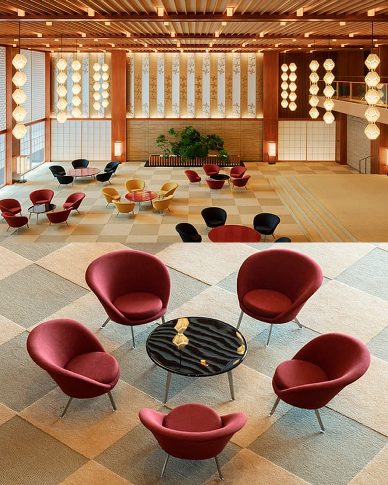 The Okura Tokyo〉ロビーのテーブルと椅子は、ある花を思わせるよう