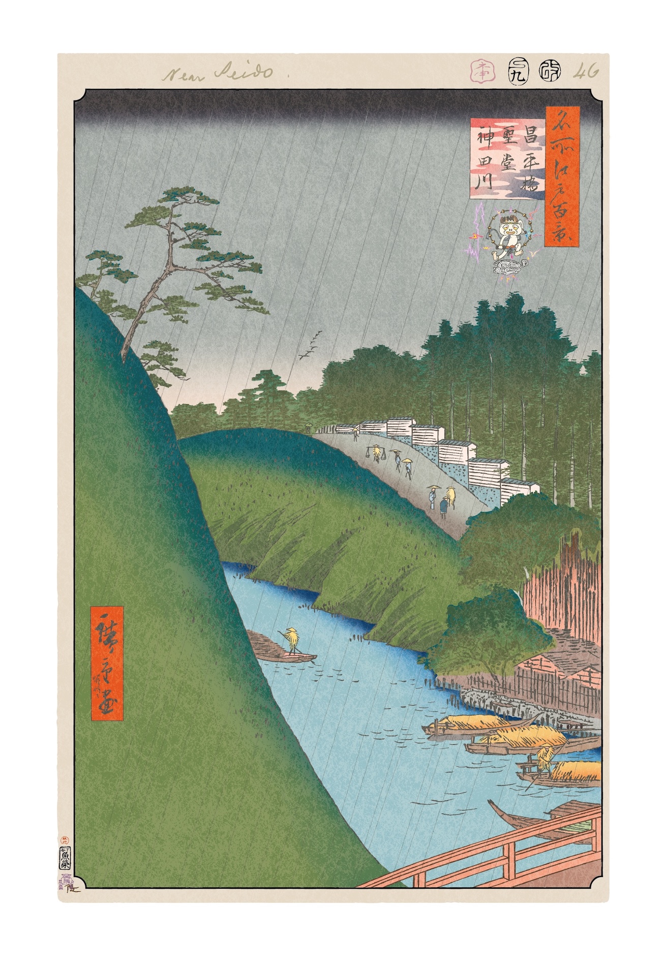 淡い色の線で表現された優しい雨【今日の名所江戸百景 by 村上隆】