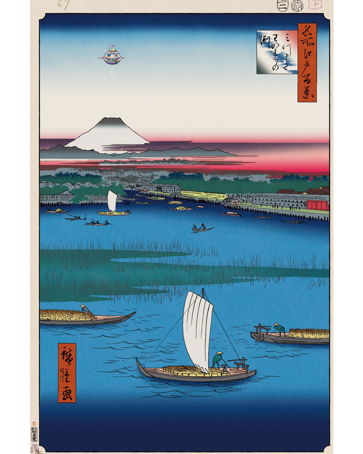 絵画　知念村の漁港 川の青と白鷺の白がさわやかな風景【今日の名所江戸百景 by 村上隆